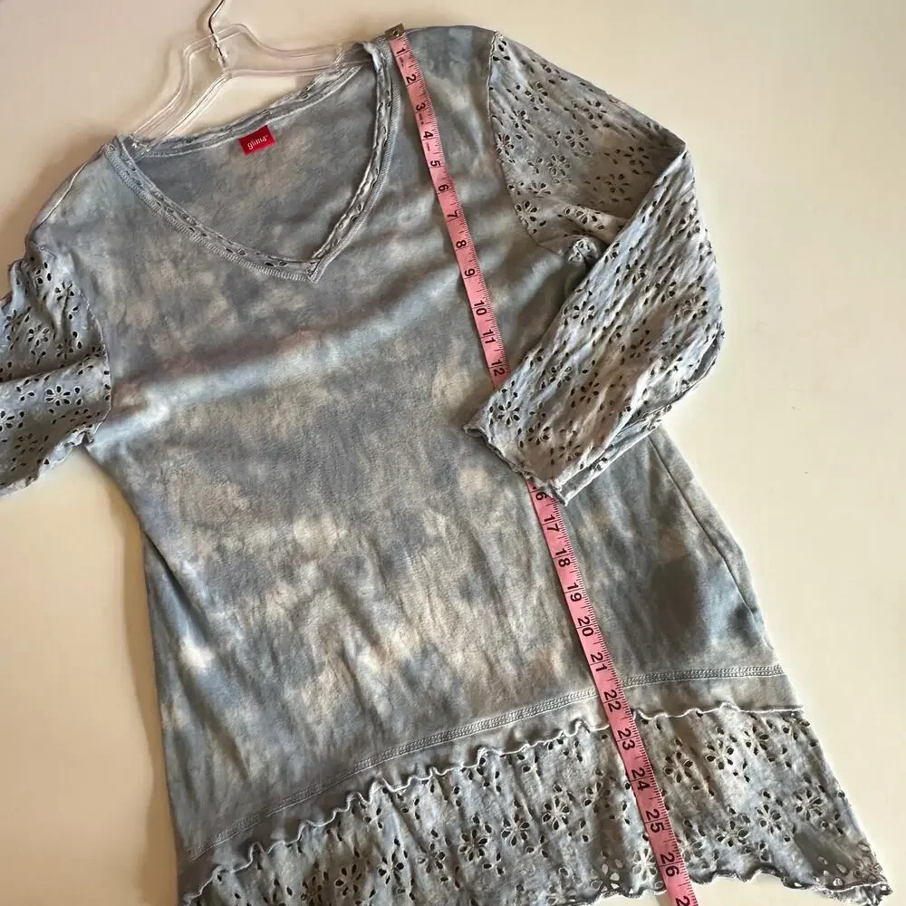 Glima Mineral Washed Knit Top Womens XL Light Blue Eyelet Sleeves Trim Boho Tee